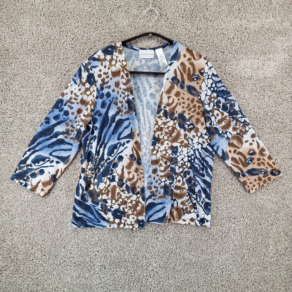 Alfred Dunner Cardigan Women M Blue Animal Print Open Front Casual Animal Print